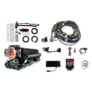 FITECH Ultra Ram/ 800 HP EFI Port System/ Chevy Big Block Rec Port/ Matte Black Finish/ Timing Control/ 102mm LS Throttle Body/ Self Learning/ Go Fuel Intank Module/ Universal Fit/ 340 LPH Pump/ Go Fuel Regulator/ 4 Ports/ AN-6 Fittings/ AN-8 Fittings/ 0-100 PSI Gauge