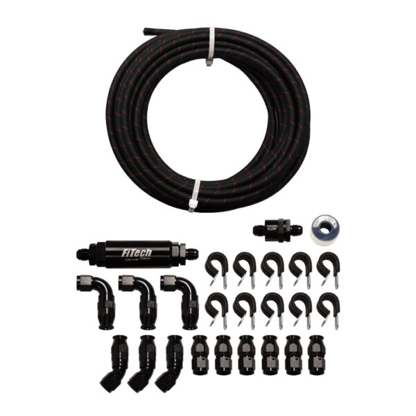 FITECH 40 Ft -6AN PTFE Stainless Steel Hose Kit with 10 Micron Filter & Check Valve, Black
