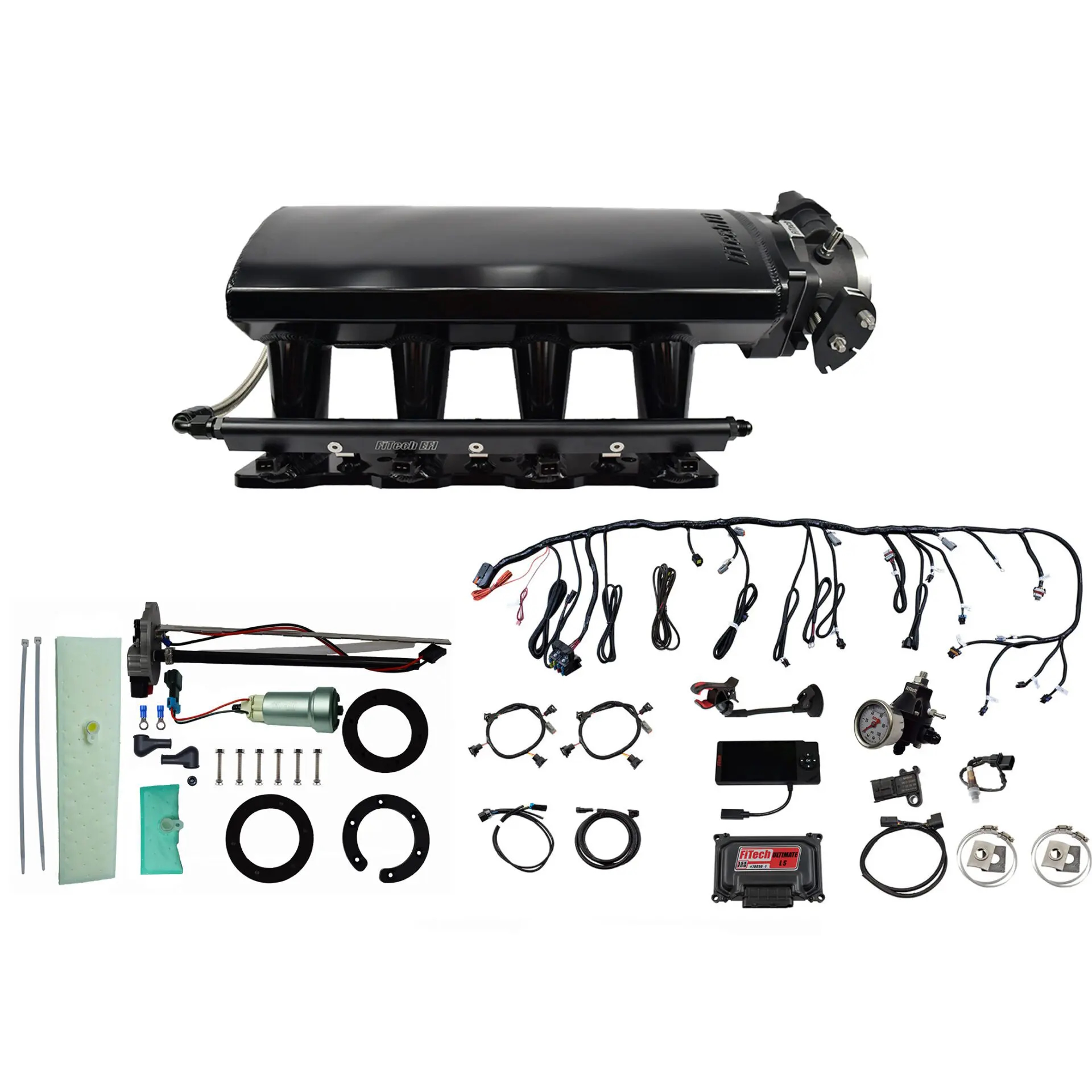 FITECH Ultimate LS 500 HP EFI System With Long Runner Cathedral Intake, In Tank 440 LPH Pump Module & Go Fuel Regulator Master Kit
