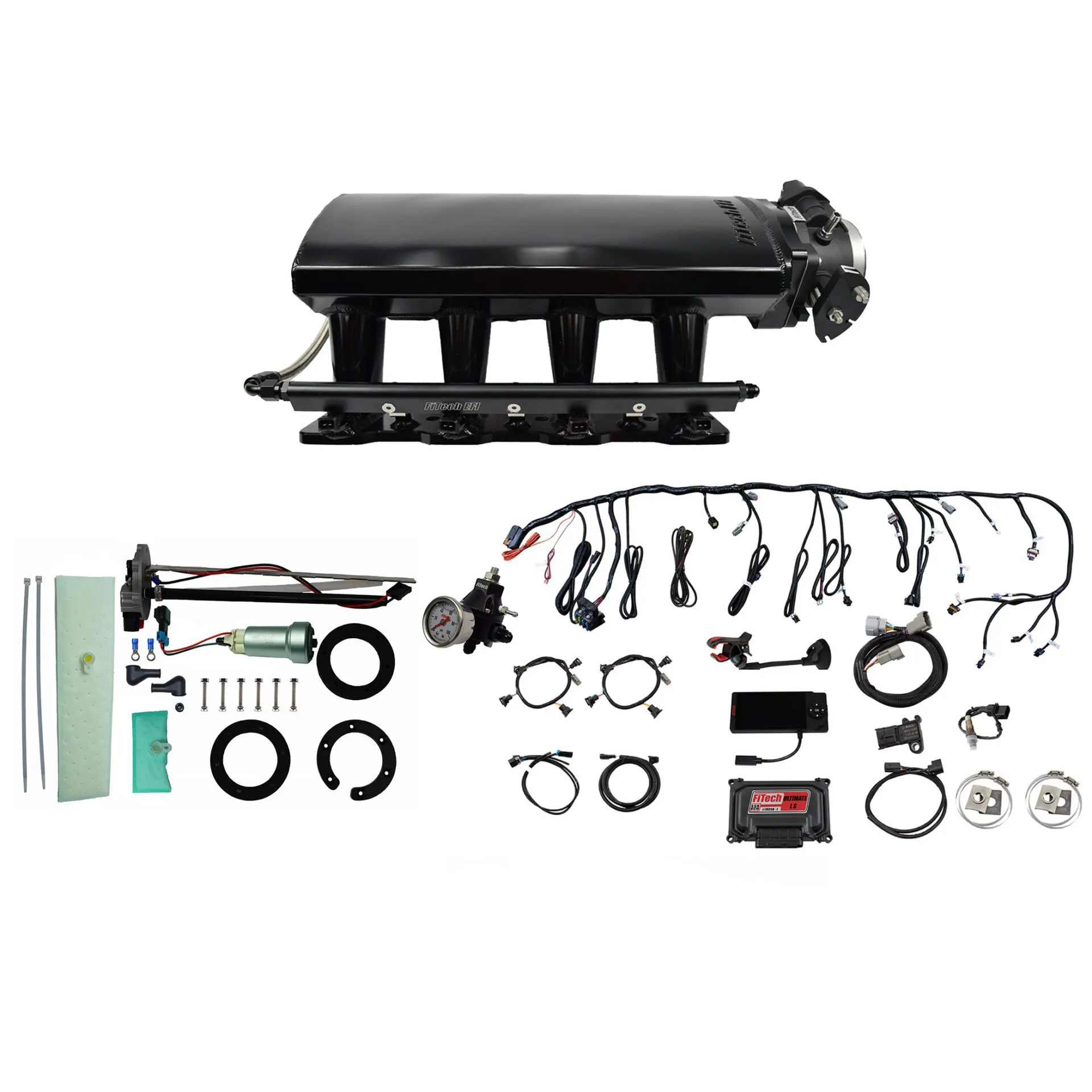 FITECH Ultimate LS 500 HP EFI System With Long Runner Cathedral Intake, Transmission Control, In Tank 440 LPH Pump Module & Go Fuel Regulator Master Kit