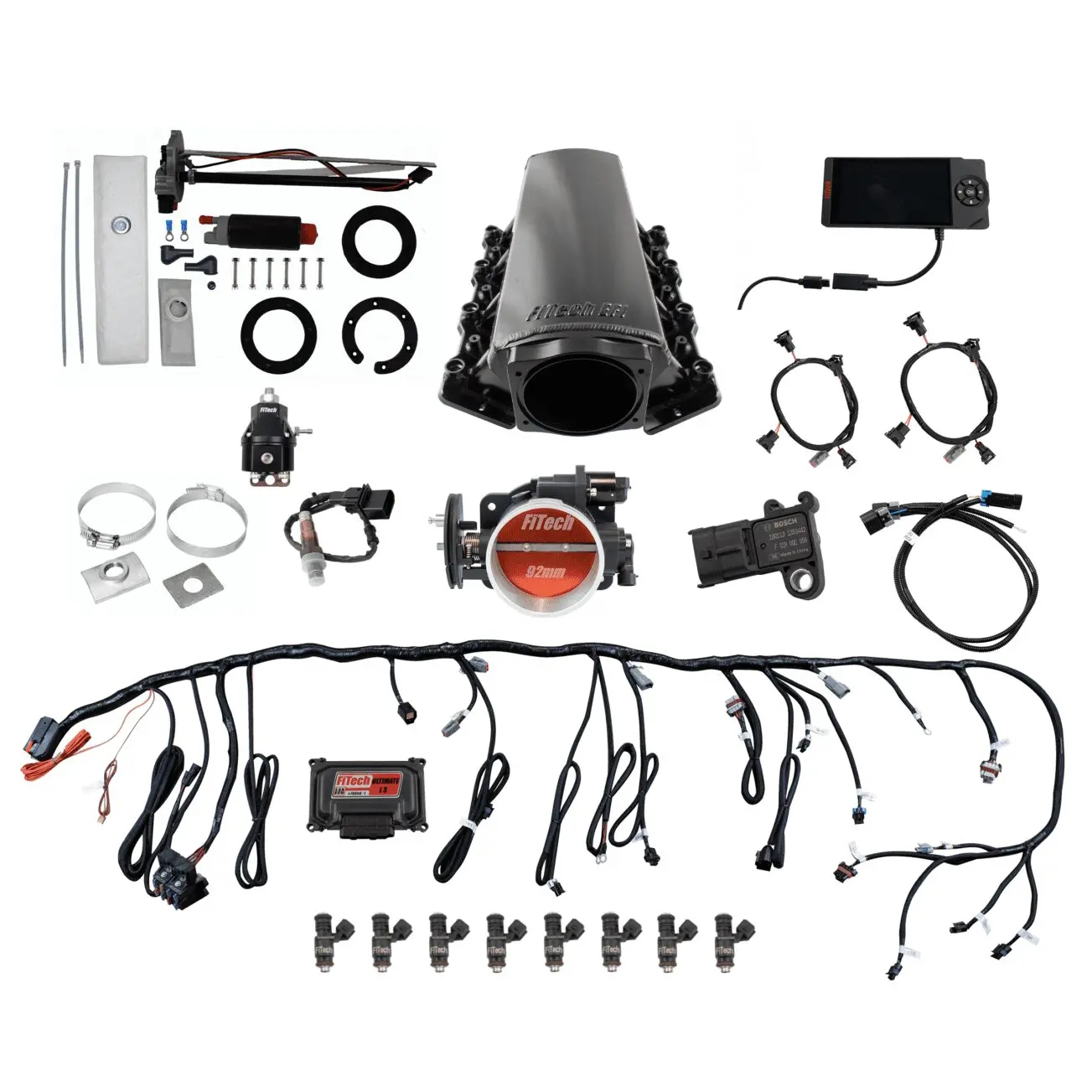 FITECH Ultimate LS 500 HP EFI System With Short Cathedral Intake, In Tank 340 LPH Pump Module & Go Fuel Regulator Master Kit