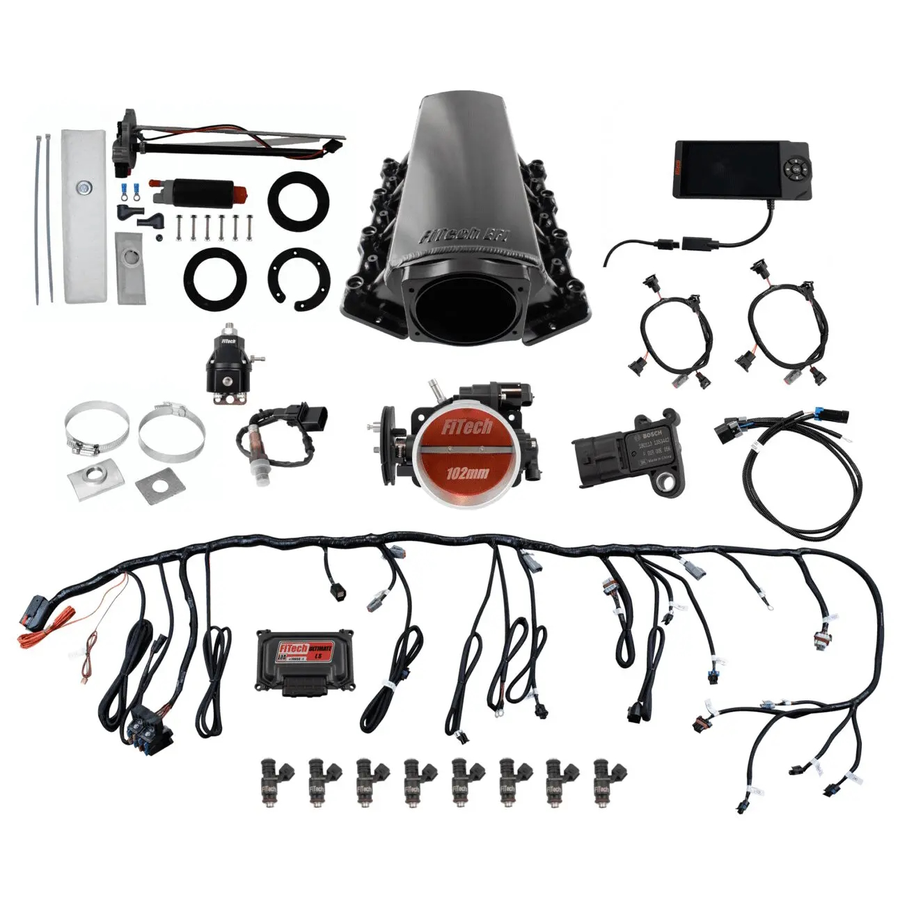 FITECH Ultimate LS 750 HP EFI System With Short Cathedral Intake, In Tank 340 LPH Pump Module & Go Fuel Regulator Master Kit