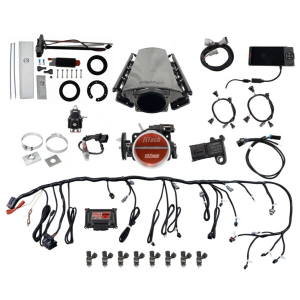 FITECH Ultimate LS 750 HP EFI System With Short LS3 Port Intake, Transmission Control, In Tank 340 LPH Pump Module & Go Fuel Regulator Master Kit