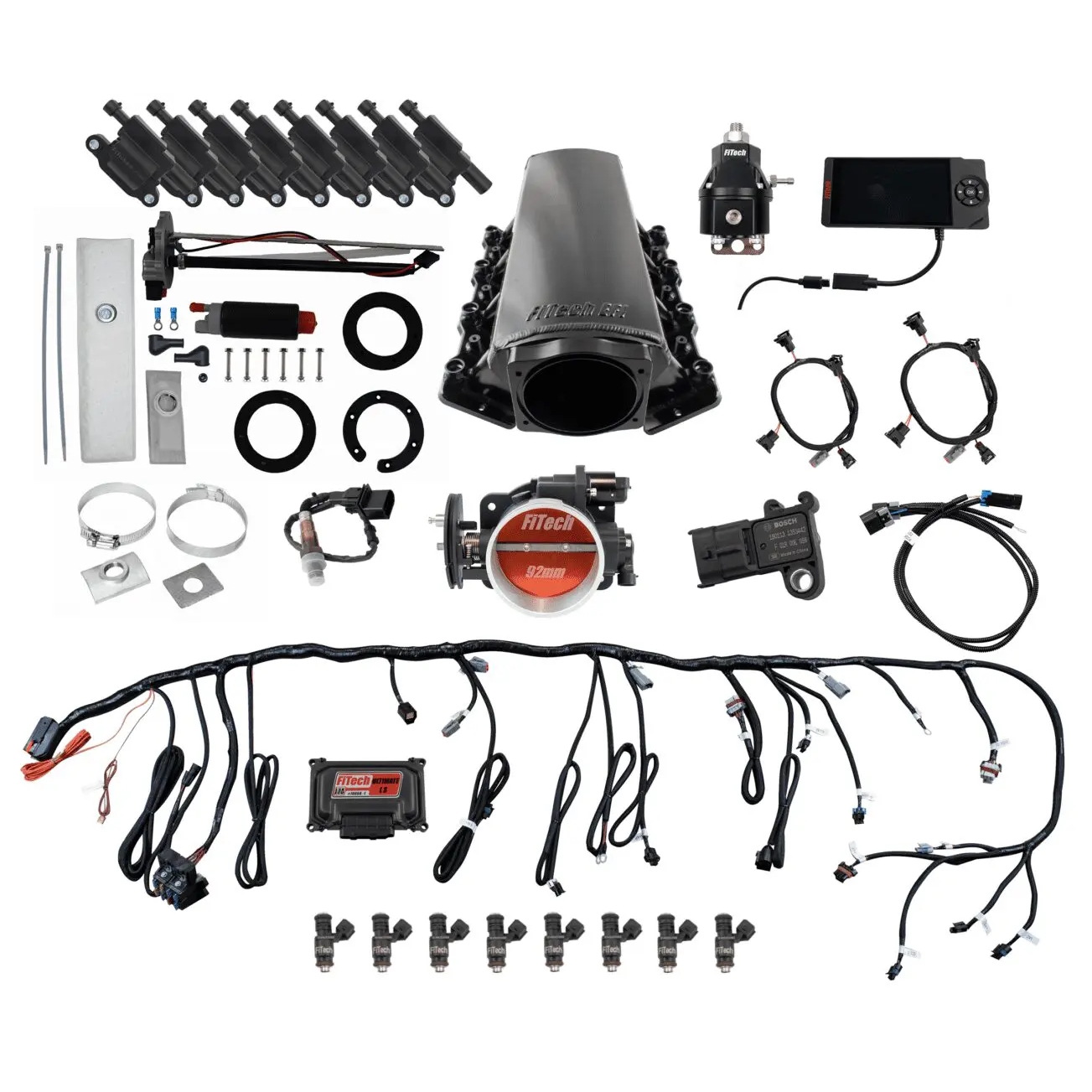 FITECH Ultimate LS 500 HP EFI System With Short Cathedral Intake, In Tank Pump Module,Go Fuel Regulator & LS3 Coil Pack Set