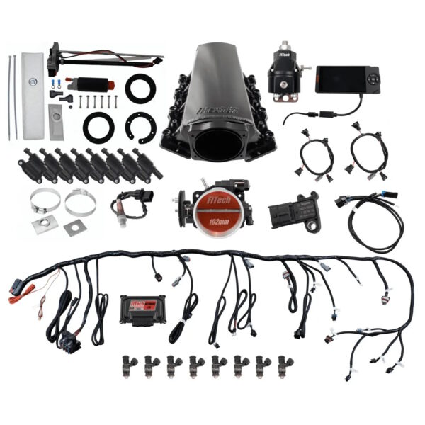 FITECH Ultimate LS 750 HP EFI System With Long Runner Cathedral Intake, In Tank Pump Module, Go Fuel Regulator & LS3 Coil Pack Set