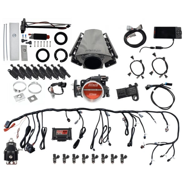 FITECH Ultimate LS 500 HP EFI System With Short LS3 Port Intake, Transmission Control, In Tank Pump Module, Go Fuel Regulator & LS3 Coil Pack Set