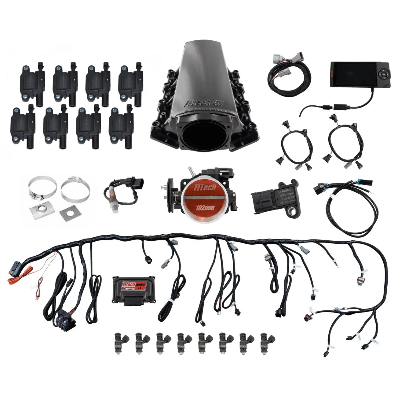FITECH Ultimate LS 750 HP EFI System With Long Runner Cathedral Intake, Transmission Control & LS3 Coil Pack With LED Set