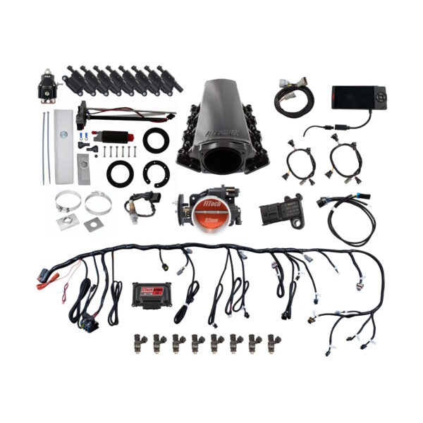 FITECH Ultimate LS 500 HP EFI System With Short Cathedral Intake, Transmission Control, In Tank Pump Module, Go Fuel Regulator & LS3 Coil Pack With LED Set