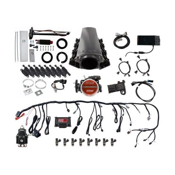 FITECH Ultimate LS 750 HP EFI System With Short Cathedral Intake, Transmission Control, In Tank Pump Module, Go Fuel Regulator & LS3 Coil Pack With LED Set