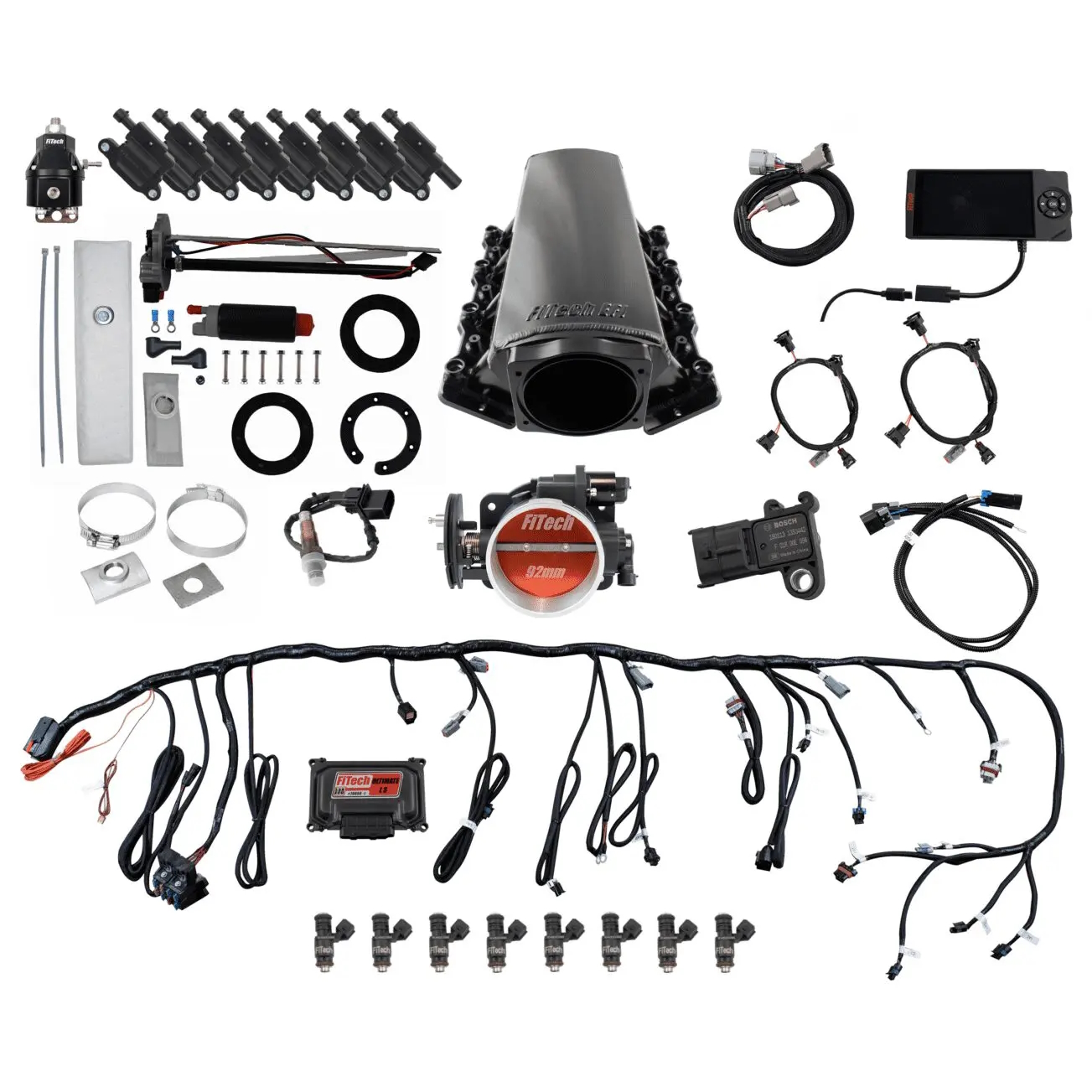 FITECH Ultimate LS 500 HP EFI System With Long Runner Cathedral Intake, Transmission Control, In Tank Pump Module, Go Fuel Regulator & LS3 Coil Pack With LED Set