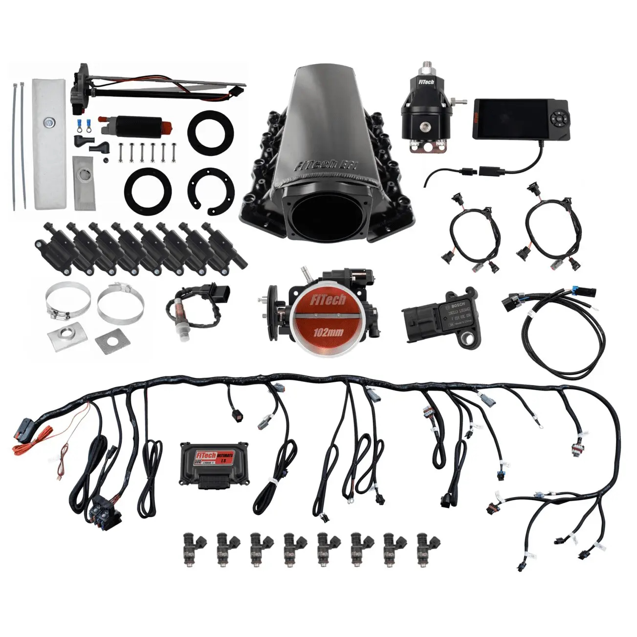 FITECH Ultimate LS 750 HP EFI System With Long Runner Cathedral Intake, Transmission Control, In Tank Pump Module, Go Fuel Regulator & LS3 Coil Pack With LED Set
