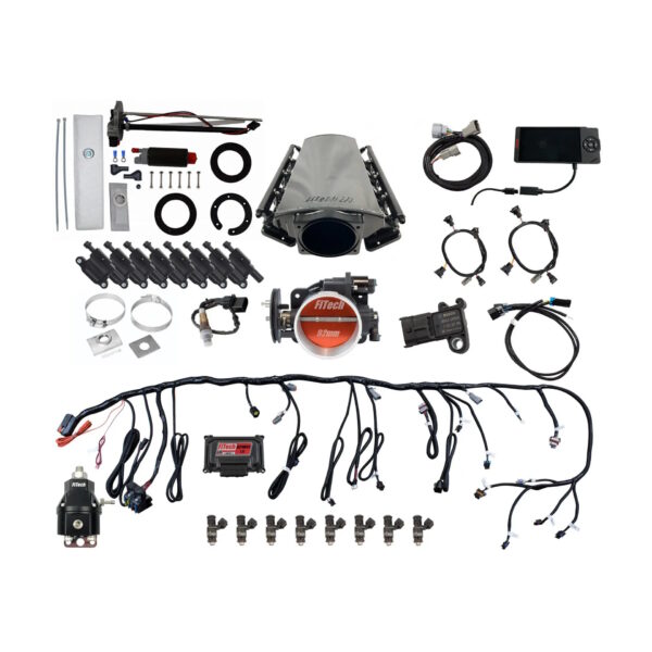FITECH Ultimate LS 500 HP EFI System With Short LS3 Port Intake, Transmission Control, In Tank Pump Module, Go Fuel Regulator & LS3 Coil Pack With LED Set