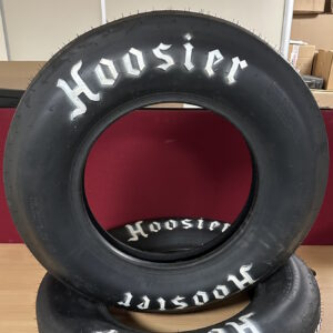 Holley Hoosier 28.0 x 4.5 - 15 bias-ply drag racing front tyre showing tread profile and solid white letter sidewall HOO18107