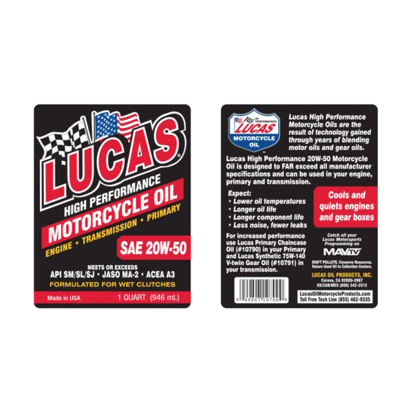 LUCAS High Performance Motorcycle Engine Oil SAE 20W50 1 Quart - Image 2