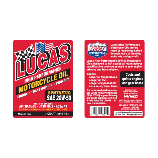 LUCAS Synthetic Motorcycle Engine Oil SAE 20W50 1 Quart - Image 2