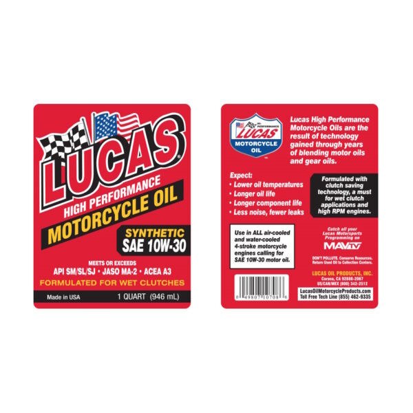 LUCAS Synthetic Motorcycle Engine Oil SAE 10W30 1 Quart - Image 2