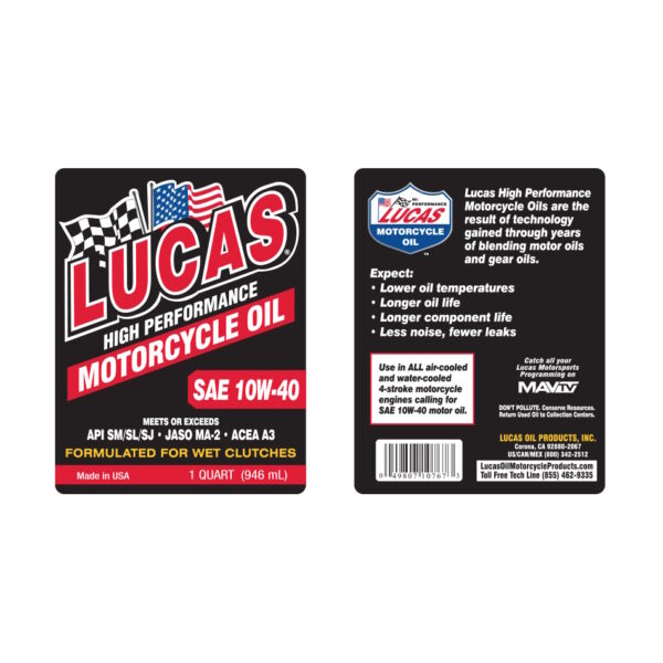 LUCAS Semi Synthetic Motorcycle Engine Oil SAE 10W40 1 Quart - Image 2