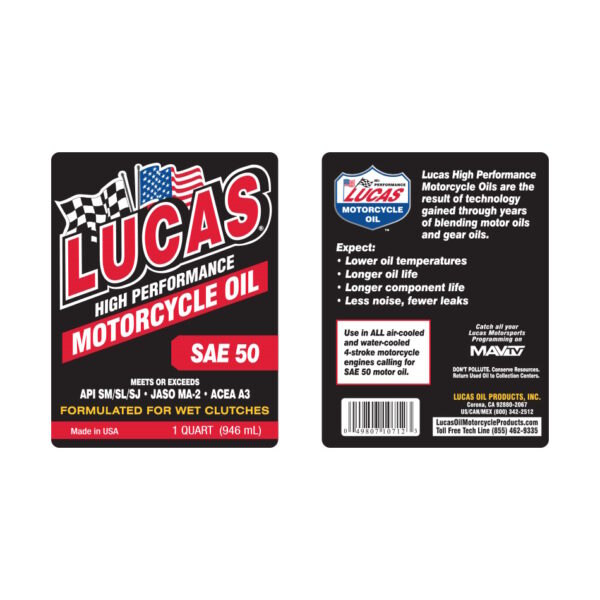 LUCAS Motorcycle Engine Oil SAE 50 Weight 1 Quart - Image 2