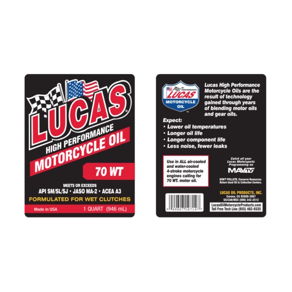 LUCAS Motorcycle Engine Oil SAE 70 Weight 1 Quart - Image 2