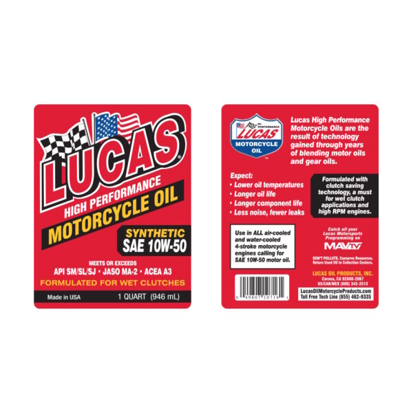 LUCAS Synthetic Motorcycle Engine Oil SAE 10W50 1 Quart - Image 2
