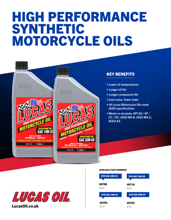 LUCAS SAE 10W-40 Synthetic Motorcycle Oil 1L - Image 3