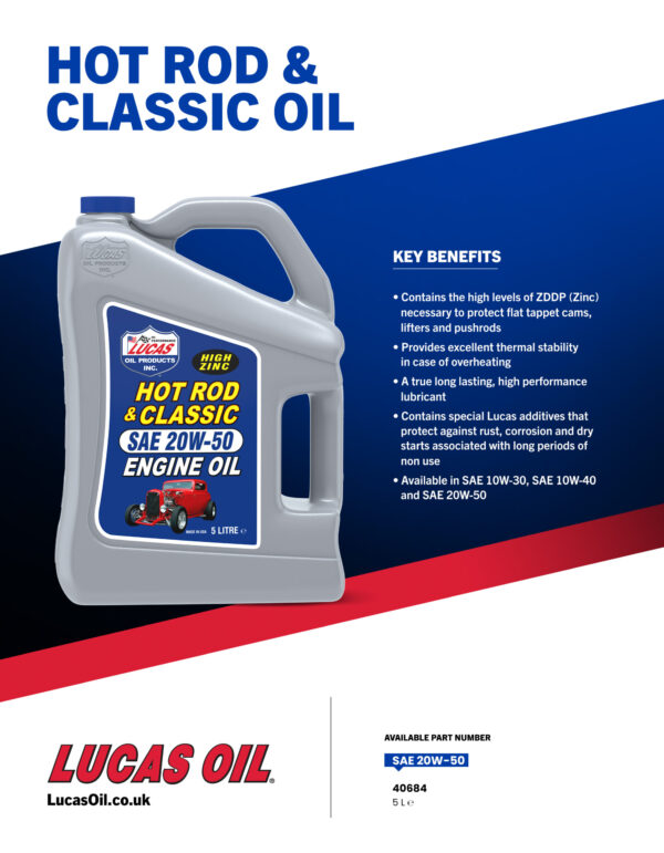 LUCAS 20W-50 Hot Rod & Classic Car Engine Oil 5L - Image 3