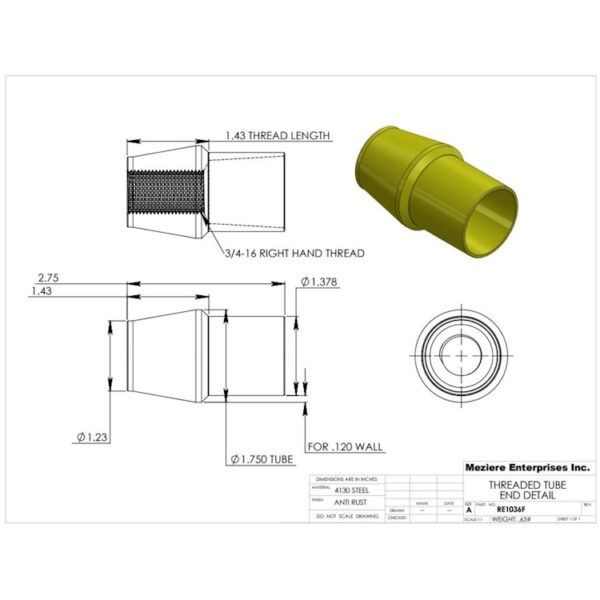 MEZIERE Threaded Tube End Fits 1 3/4" x 0.120" with 3/4-16" Left Hand Thread - Image 3