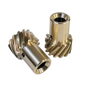 MSD 8472 oversized plus 0.006 inch Chevy bronze distributor gear machined from AMPCO 45 alloy with roll pin and lube