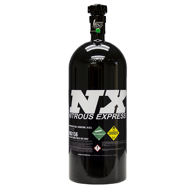 Nitrous Express 10lb black nitrous oxide bottle with -6AN Lightning 500 high-flow valve.