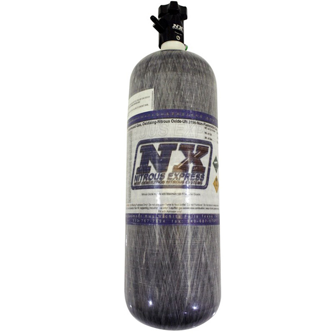 Nitrous Express 12lb lightweight composite nitrous oxide bottle with high-flow Lightning 500 -4AN valve.