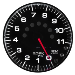 AUTOMETER Tachometer Gauge 5", 11K RPM, W/Shift Light & Peak Mem, Black/Black, Spek-Pro