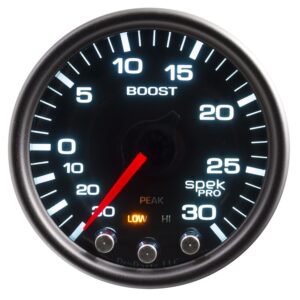 AUTOMETER Vacuum/Boost Gauge 2 1/16", 30Inhg-30PSI, Stepper Mtr W/Pk & Wrn, Bk/Smk/Bk, Spek