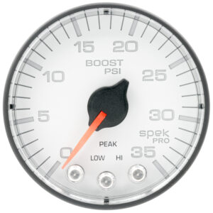 AUTOMETER Boost Gauge 2 1/16", 35PSI, Stepper Motor W/Peak & Warn, White/Black, Spek-Pro