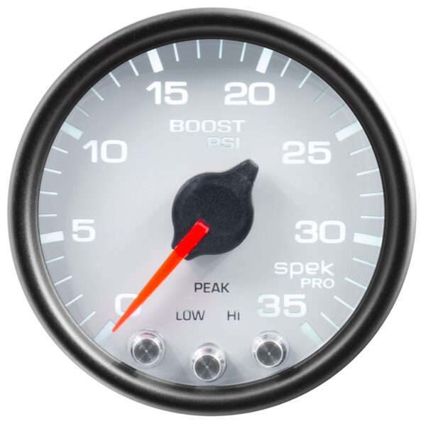 AUTOMETER Boost Gauge 2 1/16", 35PSI, Stepper Motor W/Peak & Warn, White/Black, Spek-Pro