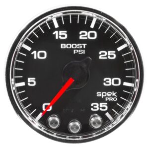 AUTOMETER Boost Gauge 2 1/16", 35PSI, Stepper Motor W/Peak & Warn, Black/Chrome, Spek-Pro