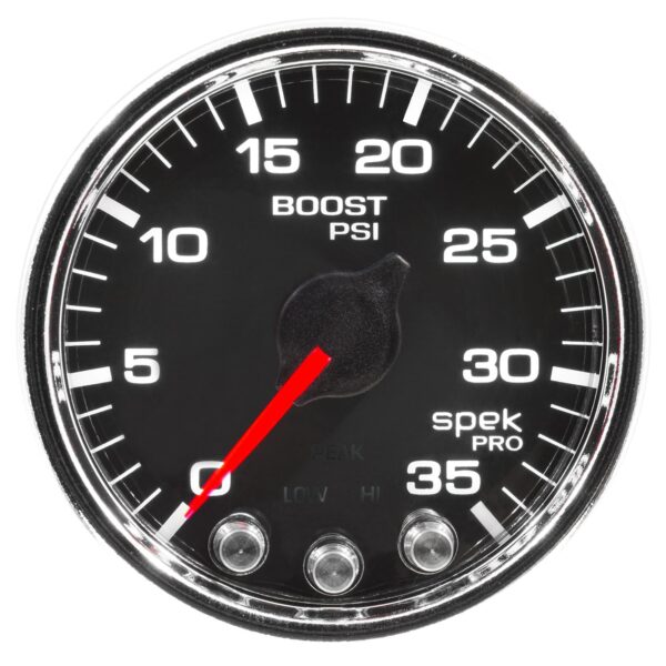 AUTOMETER Boost Gauge 2 1/16", 35PSI, Stepper Motor W/Peak & Warn, Black/Chrome, Spek-Pro