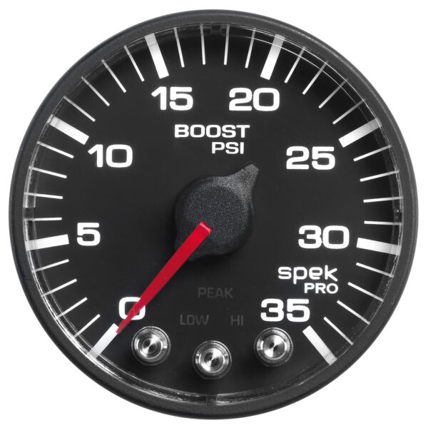 AUTOMETER Boost Gauge 2 1/16", 35PSI, Stepper Motor W/Peak & Warn, Black/Black, Spek-Pro