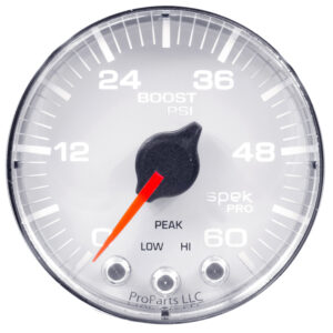 AUTOMETER Boost Gauge 2 1/16", 60PSI, Stepper Motor W/Peak & Warn, Wht/Chrm, Spek-Pro