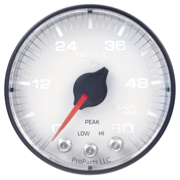 AUTOMETER Boost Gauge 2 1/16", 60PSI, Stepper Motor W/Peak & Warn, Wht/Black, Spek-Pro