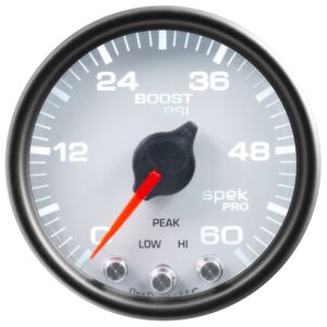 AUTOMETER Boost Gauge 2 1/16", 60PSI, Stepper Motor W/Peak & Warn, Wht/Black, Spek-Pro