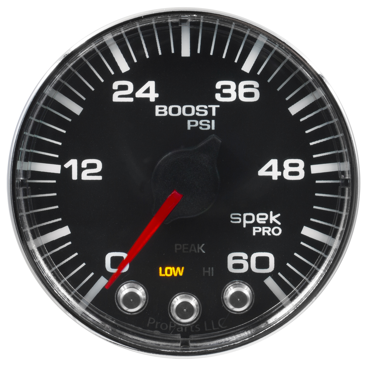 AUTOMETER Boost Gauge 2 1/16", 60PSI, Stepper Motor W/Peak & Warn, Black/Chrm, Spek-Pro
