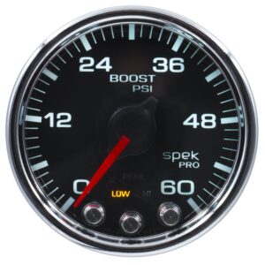 AUTOMETER Boost Gauge 2 1/16", 60PSI, Stepper Motor W/Peak & Warn, Black/Chrm, Spek-Pro