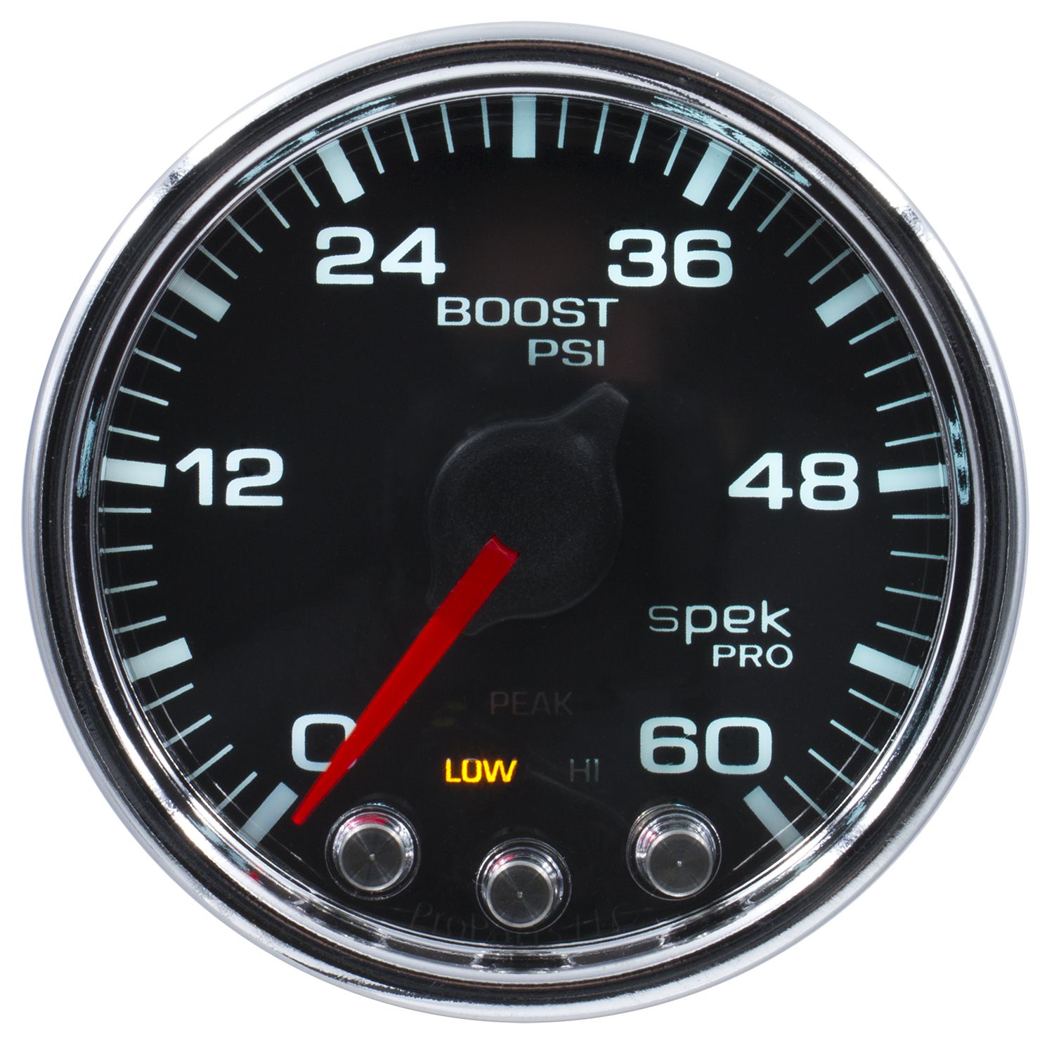AUTOMETER Boost Gauge 2 1/16", 60PSI, Stepper Motor W/Peak & Warn, Black/Chrm, Spek-Pro