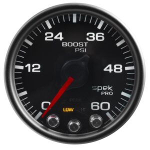 AUTOMETER Boost Gauge 2 1/16", 60PSI, Stepper Motor W/Peak & Warn, Black/Black, Spek-Pro