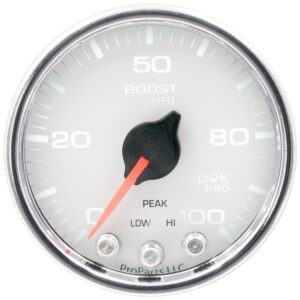 AUTOMETER Boost Gauge 2 1/16", 100PSI, Stepper Motor W/Peak & Warn, Wht/Chrm, Spek-Pro