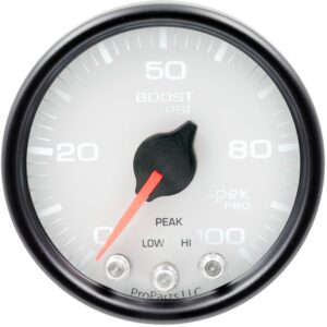 AUTOMETER Boost Gauge 2 1/16", 100PSI, Stepper Motor W/Peak & Warn, Wht/Black, Spek-Pro