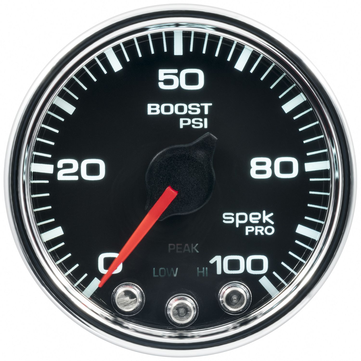 AUTOMETER Boost Gauge 2 1/16", 100PSI, Stepper Motor W/Peak & Warn, Black/Chrm, Spek-Pro