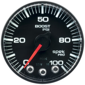 AUTOMETER Boost Gauge 2 1/16", 100PSI, Stepper Motor W/Peak & Warn, Black/Black, Spek-Pro