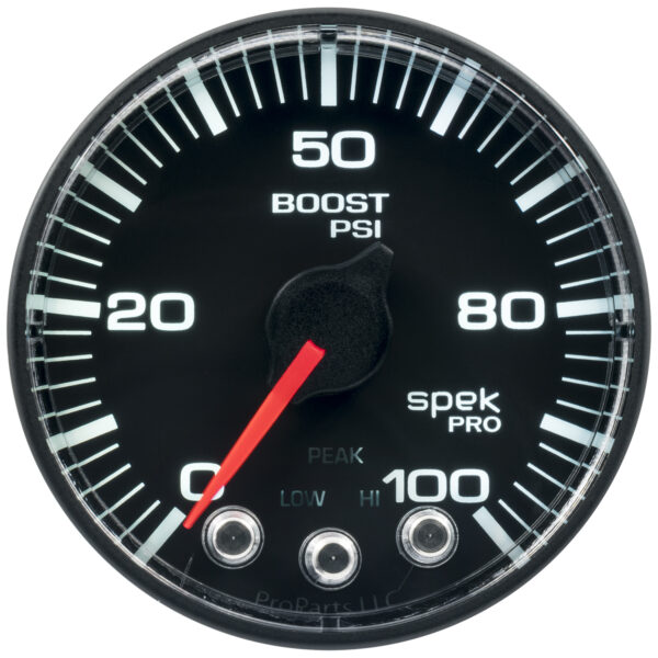 AUTOMETER Boost Gauge 2 1/16", 100PSI, Stepper Motor W/Peak & Warn, Black/Black, Spek-Pro