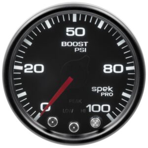 AUTOMETER Boost Gauge 2 1/16", 100PSI, Stepper Motor W/Peak & Warn, Black/Smoke/Black, Spek